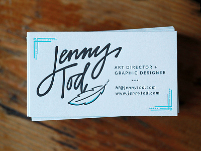 Jenny Tod Business Cards brand business cards cards duplex feather handwritten lettering letterpress logo