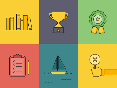 Lessonly Iconography award book clipboard colorful icon pencil ribbon sail boat sign trophy