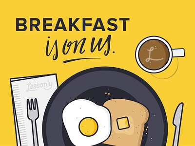 Breakfast is on us! breakfast butter coffee crumbs egg fork knife latte art napkin plate toast