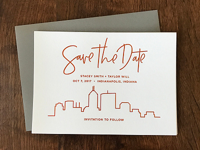 Copper Foil Wedding Save the Dates handwritten indianapolis indianapolis skyline indy save the date script skyline