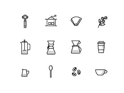 Coffee Icon Set for Indie Coffee Roasters beans chemex coffee beans coffee icons coffee plant filter french press halftone icon set mug pour over spoon