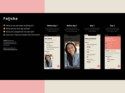 Fallcha — Intro board day deck dublin employee engagement fab hr intro ios ireland journey mobile onboarding pitch presentation schedule slide ui