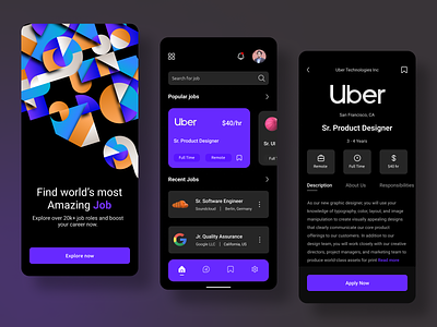 Job Finding App UI Design app app design app ui appuiux dark ui hiring app job application job finder app job finder mobile app job list app job listing app job portal app job search app job seeker app job vacancy apps mobile app mobile app design recruitment app uiux design vacancies