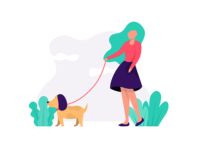 Time for a Walk abstract animal character character design dog flat girl illustration nature style walk
