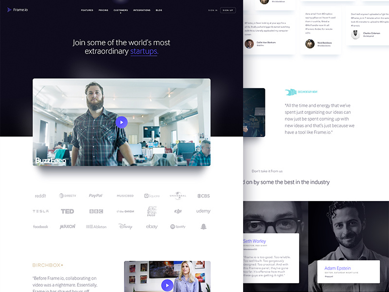 Frame.io Customers video customers grid cards typography website focus lab