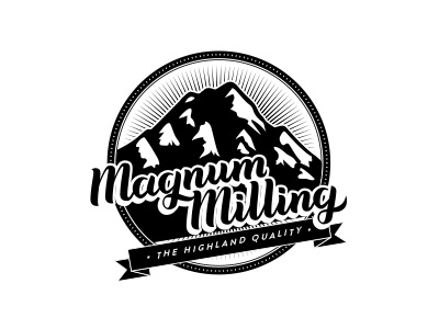 Magnum Milling logo black and white brushpen circle hand lettering lettering logo mountain