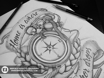 Tattoo - Home is where the anchor drops! anchor compass design drawing illustration sketch sketchbook tattoo texture