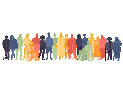 Together color design different diversity group human illustration international man minimal modern multicultural people social standing team together vector wheelchair woman