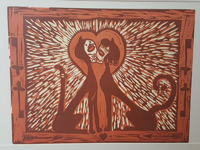 Death by Love animals carved cat cats color day of the dead dead linocuts love pressed red skeleton