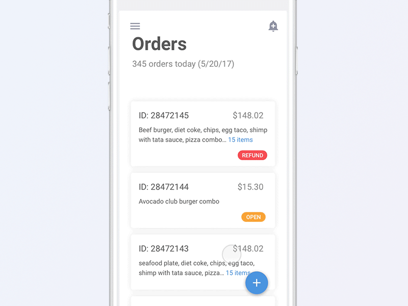 Orders & create new order app card material pos principle