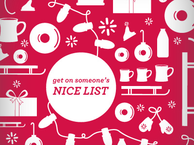 Nice List box circle coffee cups doughnuts gift hat holidays lights list milk mittens nice nice list ornament pattern present red ribbon sled string winter