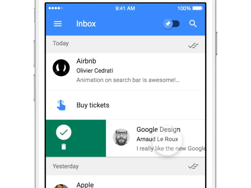 Google Inbox - Swipe & Drag app framer framerjs google inbox interaction ios material prototype swipe ui ux