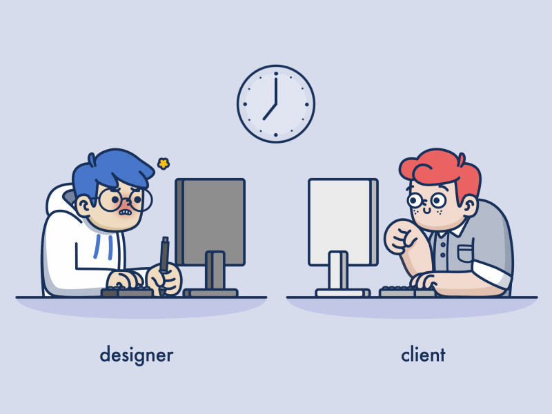 Designer and Client animation budget character client computer designer desk