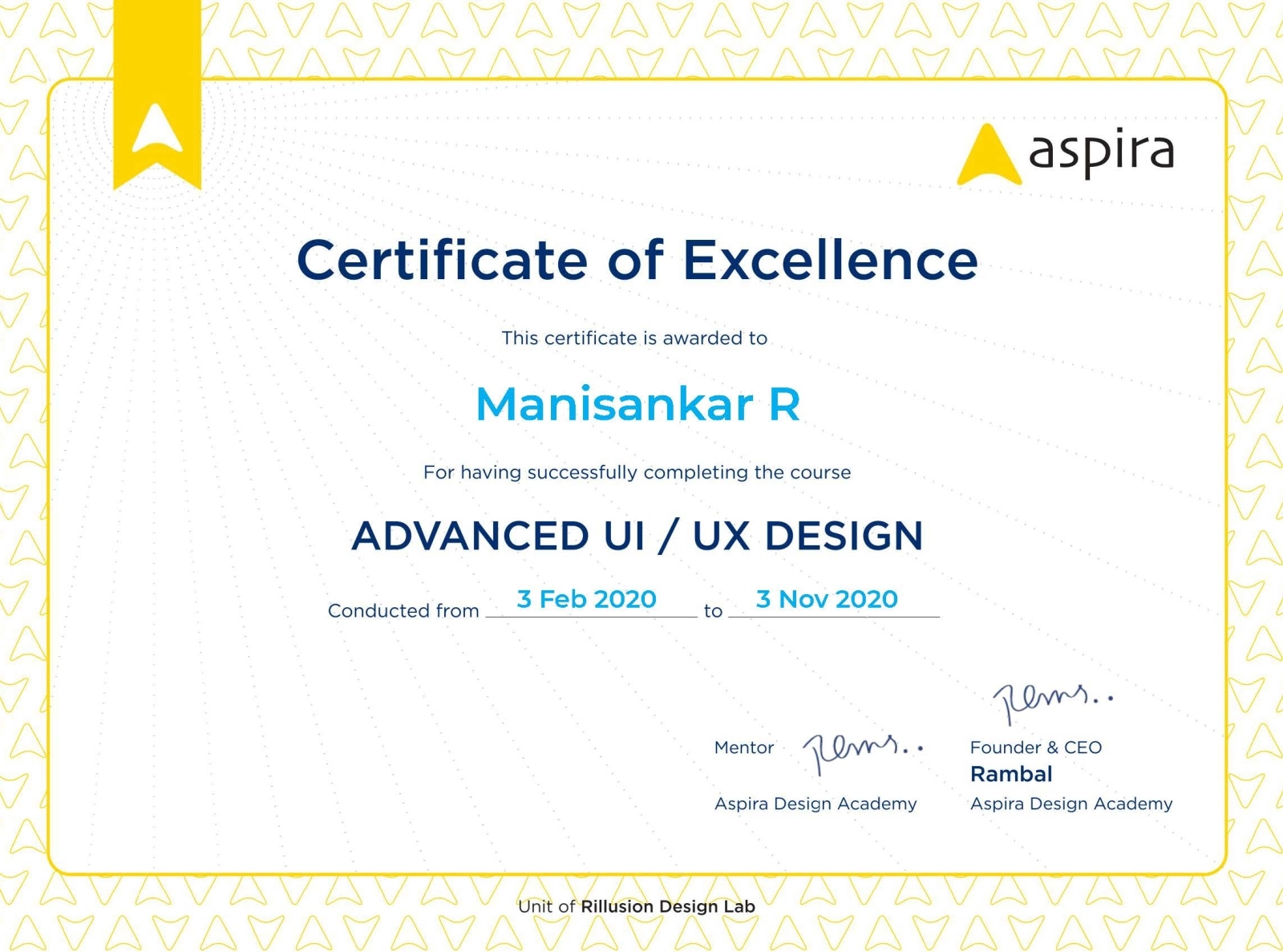 Certificate of Advanced UI /UX Design by Manisankar R on Dribbble