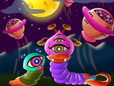 Kind Aliens Disinfecting the Land aliens design digital art digital artist fun drawing illustration procreate ufo