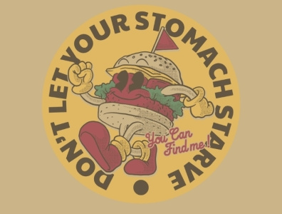 Retro emblem of cartoon walking burger mascot