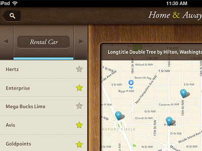 DoubleTree iPad App - Map Screen Partial View buttons interface ipad pins ui wood