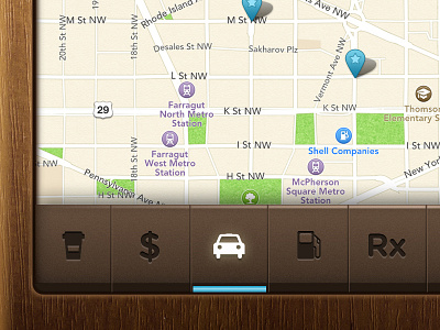 DoubleTree iPad App - Map Screen Partial View buttons interface ipad pins ui wood