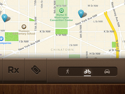 DoubleTree iPad App - Map Screen Partial View - Bottom buttons interface ipad pins ui wood