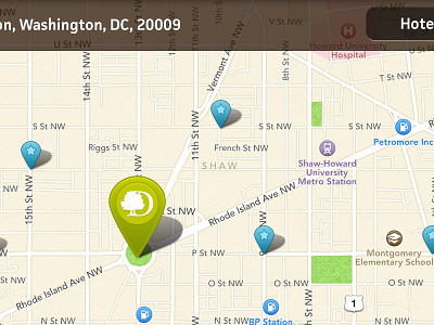 DoubleTree iPad App - Map Screen - Pin Detail buttons interface ipad pins ui wood