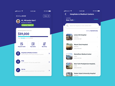 CHUBB Insurance App - Company Insurance Interface app blue clean finance health hospital insurance ios medical mobile mobile app teal