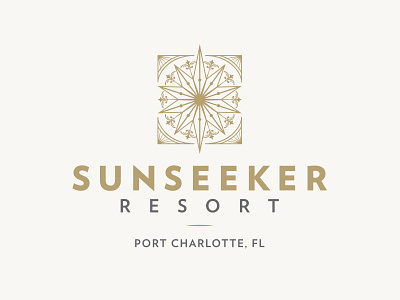 Sunseeker Resort branding compass detailed filigree gold logo mark ornamental ornate sun sundial