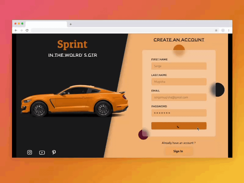 GTR sports cars Sign up page UI Prototype