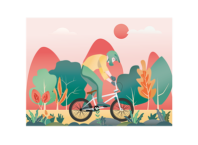 BMX rider on the road 2d bike app bmx boy composition designer flat ilustration icon illustration landscape trees ui vector