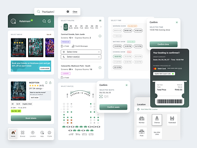 Movie components [Book tickets] account cities design drawer illustration location movie posters qr seats tickets time ui ux vector
