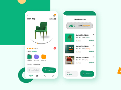 E-commerce Mobile Application Design app application booking app checkout page colour design e commerce furniture app green illustration orange order product page ui ux