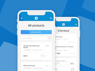 Sellfy Mobile UI System blue checkout checkout page graphic design icon input minimal mobile mobile app mobile ui price sellfy table ui ui system ux web white