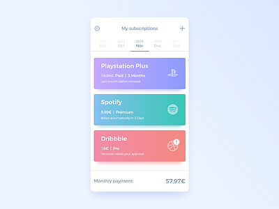 Subscriptions Manager App android material app ios iphone application credit card flat gradient shadow money safe banking reminder security payment spotify dribbble playstation subscription pay manager ux ui interaction