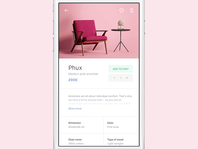 Product Page animation principle prototype design photo photography ecommerce e-commerce fashion experience interior flat gradient shadow minimal material app ios iphone pink pastel card purchase cart product shop store eshop white clean light wave