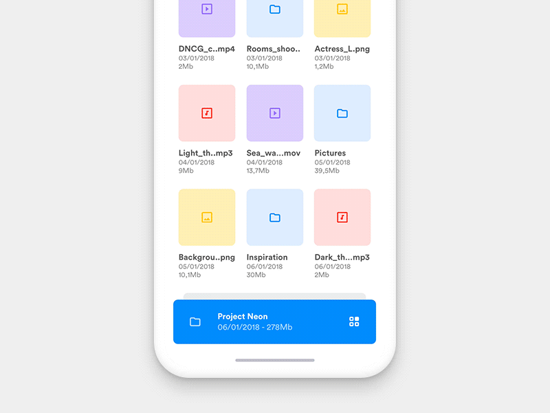 File Manager (Micro-interaction) animation principle prototype card grid ui ux design fluent microsoft file system manager drive cloud gif apple app ios iphone list edit picker multi select white clean light