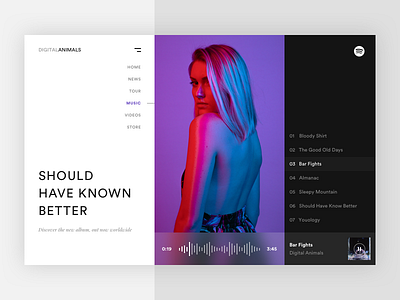 Stage. basic bold square regular box layout landing minimal color purple neon glow grid metrics typography sound music player spotify album ui ux interaction web site responsive page blog