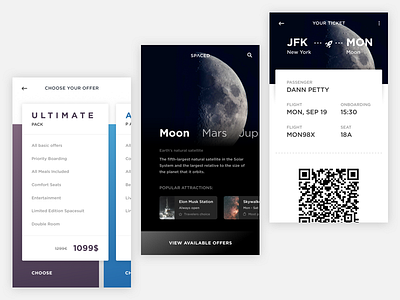 Space dark design white clean flat ui ux minimal ios grid metrics white typography pricing plan card ticket code rocket spaceship trips space challenge spaced travel app mars moon flight