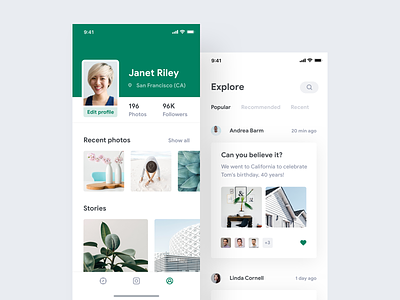 Leaf app ios iphone design ui ux flat shadows contrast google grid typography minimal photo photography camera product design social profile gallery instagram white clean light green