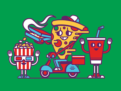 Green fun illustration kids movie pizza popcorn scooter