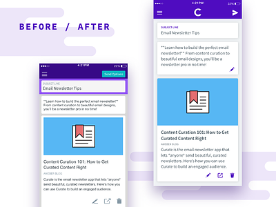 Before & After - Curate UI Refresh (iOS) after app aweber before curate ios mobile mockup refresh ui