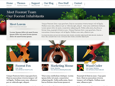 Foorest Team Page Design animals foorest fox illustrations moose team web design wood woodpecker