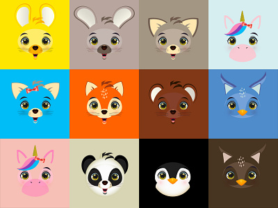 Set of emoticons animal animals bear beast bird cartoon cat character collection cow cute deer design different dog domestic face flat fox frog