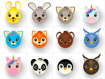 Animals cute facial expressions of the characters animal animals bear beast bird cartoon cat character collection cow cute deer design different dog domestic face flat fox frog