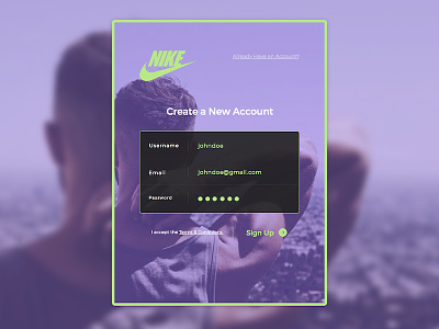 Create a New Account – #001 001 account dailyui form green modal nike password purple sign up sign up form signup