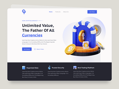 Cryptocurrency Landing Page - UI design 3d design bitcoin crypto crypto wallet crypto wallet web cryptocurrency cryptocurrency landing page header header explanation homepage interface landing page minimal simple trading ui uiux uxdesign web design