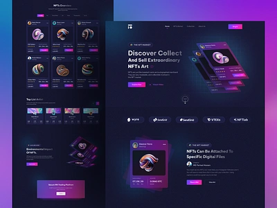 NFTs Marketplace Landing Page - UI Design. artwork bit crypto cryptocurrency dark dark landingpage etherium home page landingpage nft nft landing page nft landingpage nft marketplace uesr interface uiux user interface ux landingpage web design website design website landing page