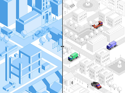 Isometric City - Behind The Scene 2.5d 3d building city design flat illustration isometric truck vector