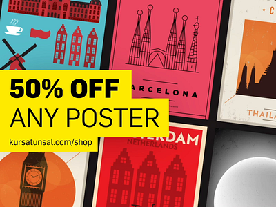 50% Off Any City Poster building city design flat icon illustration line linear minimal poster poster art vector