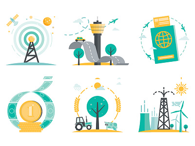 Chapter Opener Icons agriculture business economy editorial energy finance icon design illustration magazine tourism transportation vector