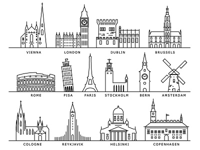 European Cities Landmarks amsterdam building europe icon illustration landmark linear lineart london paris rome vector