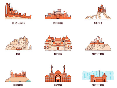 Castles of Game of Thrones castle design dragon flat game of thones got icon illustration line linear map vector westeros winterfell